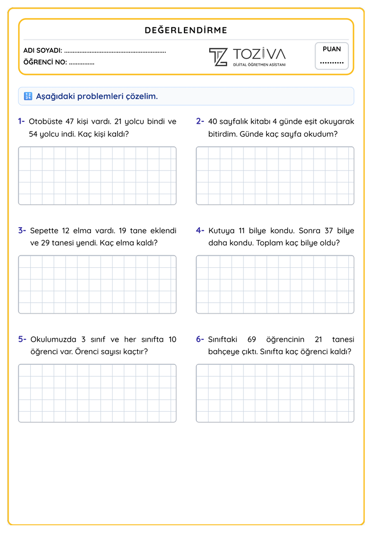 2. Sınıf Matematik Dört İşlem Problemleri PDF 1. Sayfa