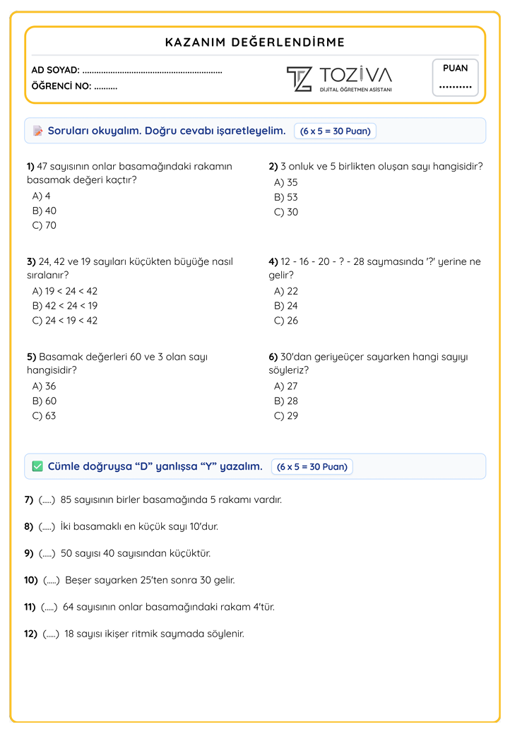 2. Sınıf Matematik Sayılar ve Nicelikler Sınavı PDF 1. Sayfa