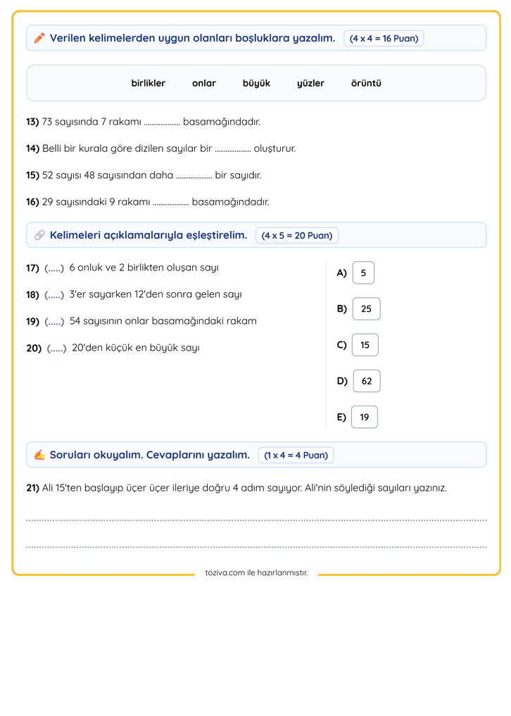 2. Sınıf Matematik Sayılar ve Nicelikler Sınavı PDF 2. Sayfa