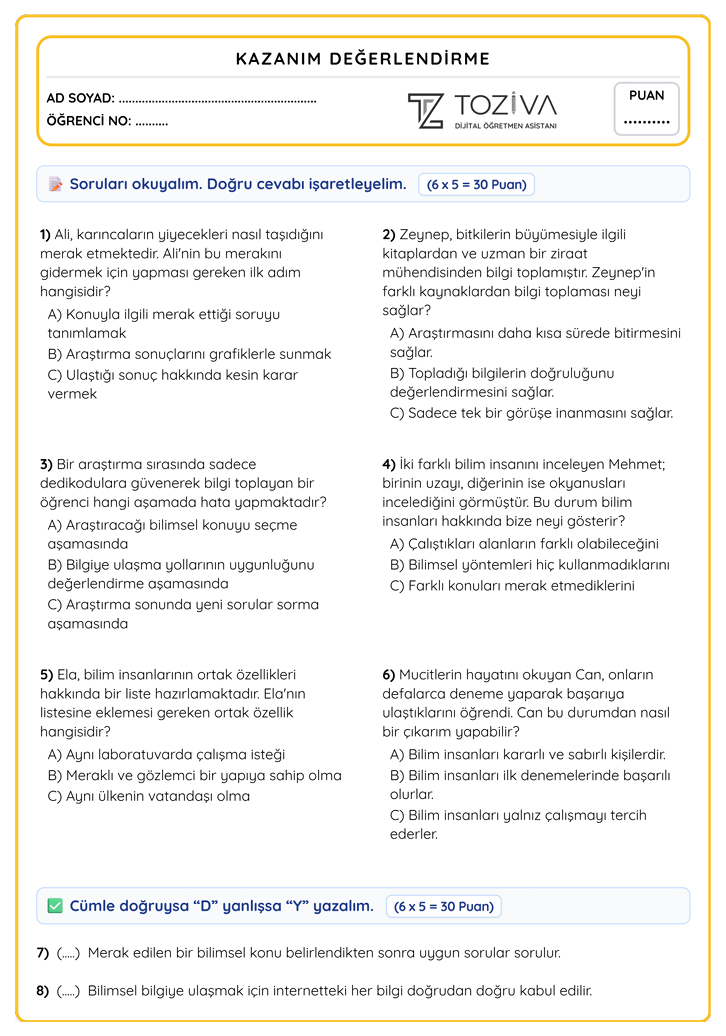 3. Sınıf Fen Bilimleri Bilimsel Keşif Yolculuğu Sınavı PDF 1. Sayfa
