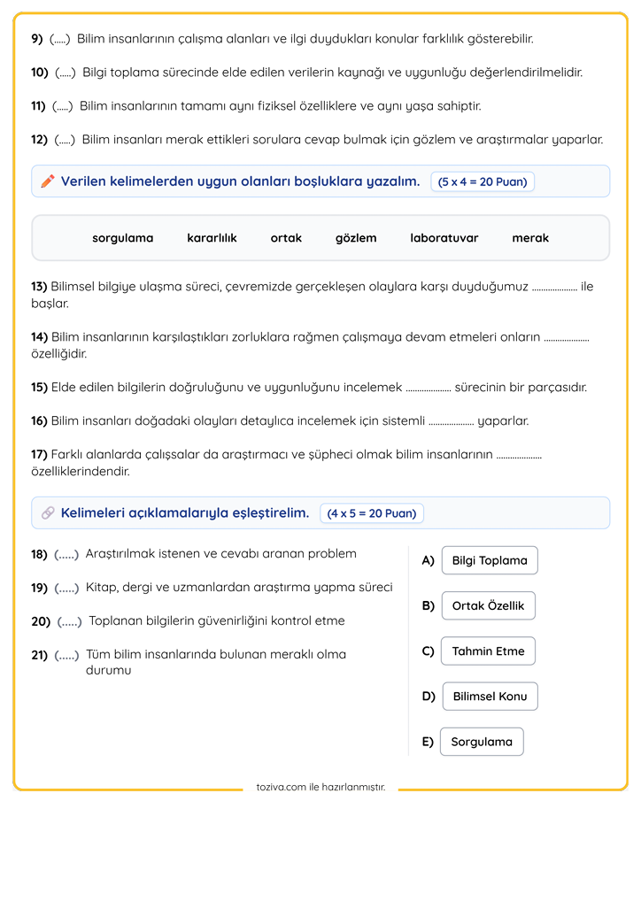 3. Sınıf Fen Bilimleri Bilimsel Keşif Yolculuğu Sınavı PDF 2. Sayfa