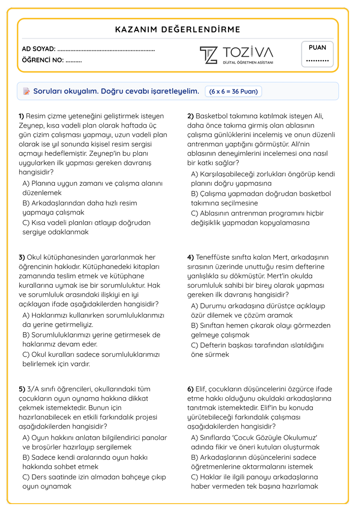 3. Sınıf Hayat Bilgisi Ben ve Ailem Ünitesi Sınavı PDF 1. Sayfa