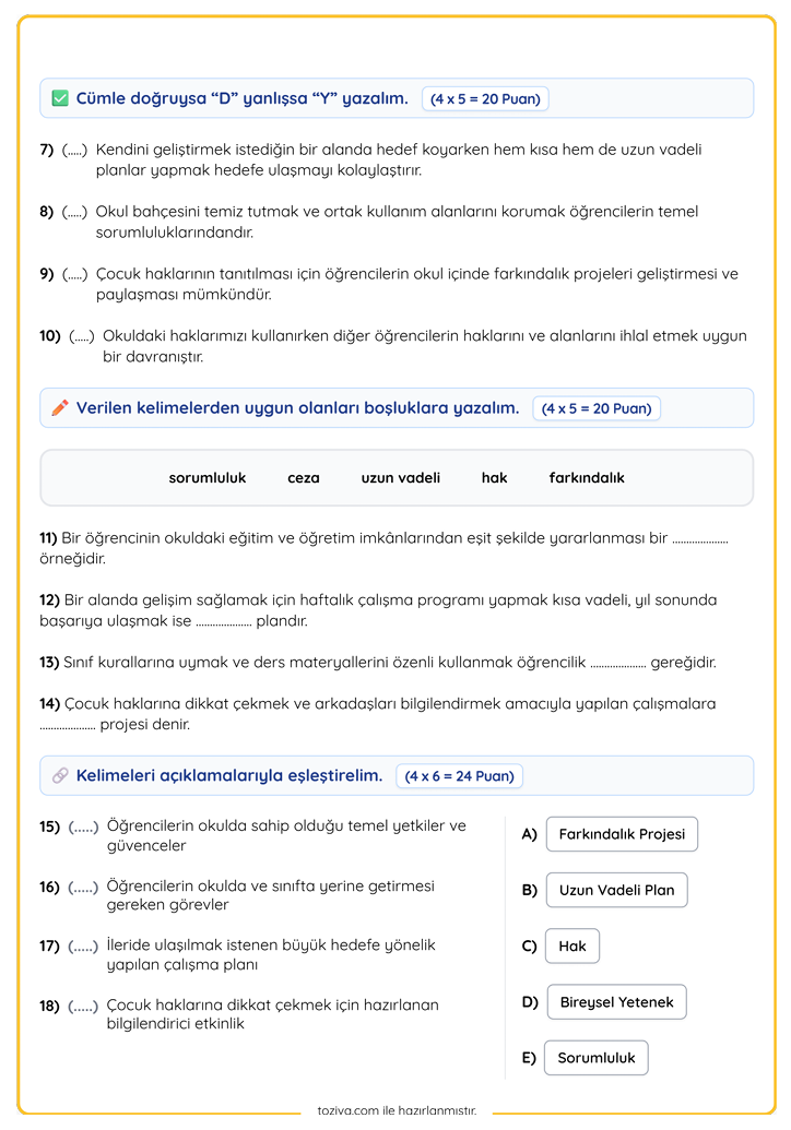 3. Sınıf Hayat Bilgisi Ben ve Ailem Ünitesi Sınavı PDF 2. Sayfa