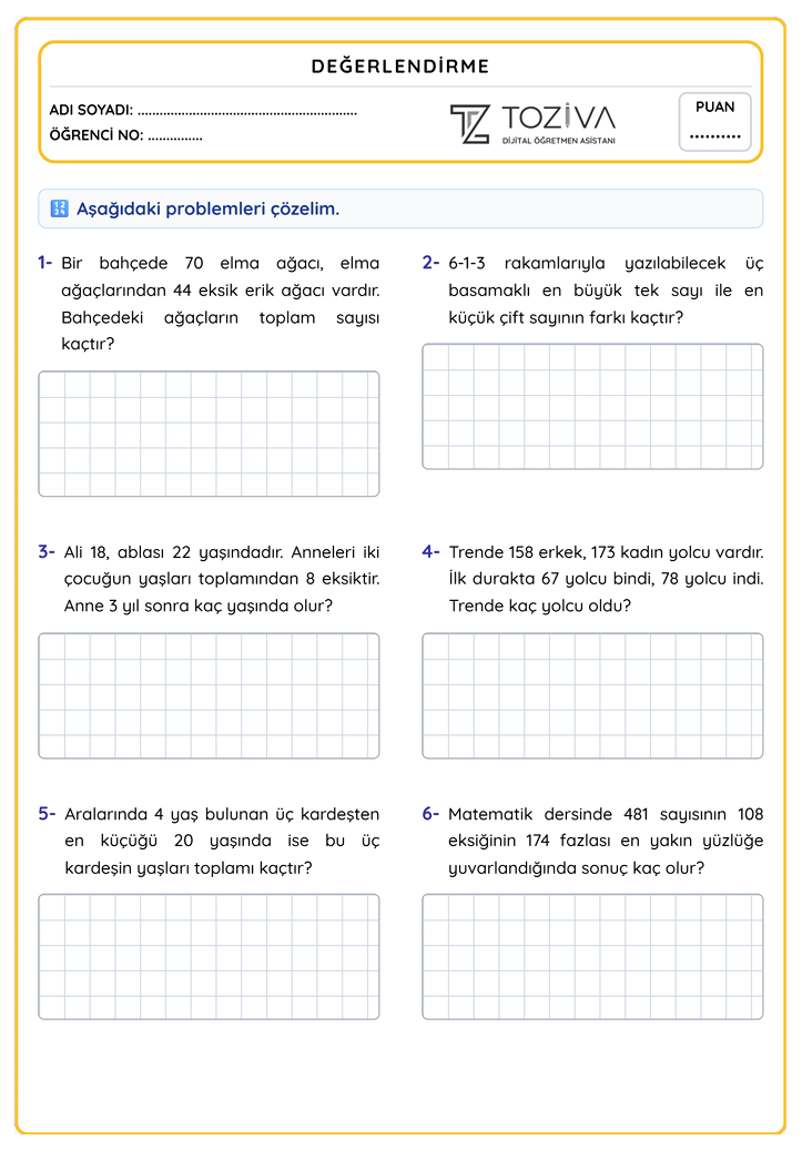 3. Sınıf Matematik Toplama ve Çıkarma Problemleri PDF 1. Sayfa