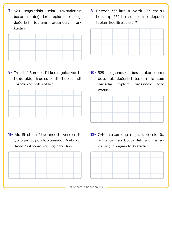 3. Sınıf Matematik Toplama ve Çıkarma Problemleri PDF 2. Sayfa