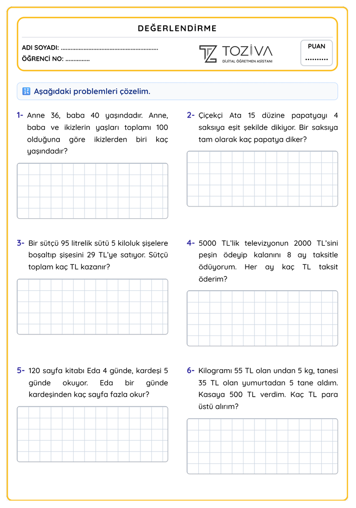 4. Sınıf Matematik Dört İşlem Problemleri PDF 1. Sayfa