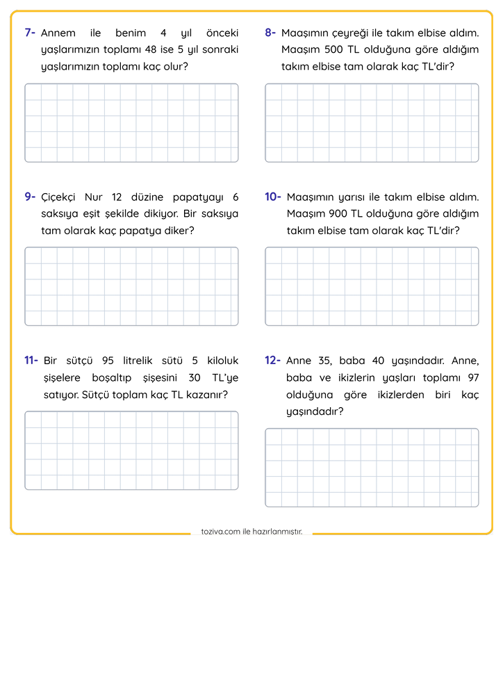 4. Sınıf Matematik Dört İşlem Problemleri PDF 2. Sayfa