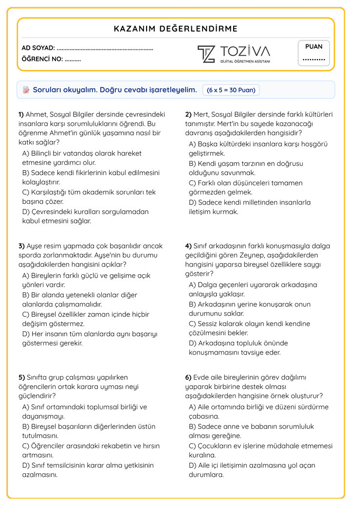 4. Sınıf Sosyal Bilgiler Birlikte Yaşamak Ünitesi Sınavı PDF 1. Sayfa