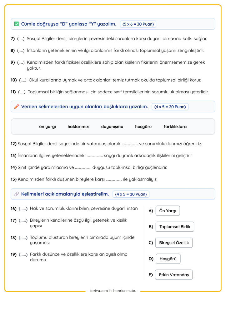 4. Sınıf Sosyal Bilgiler Birlikte Yaşamak Ünitesi Sınavı PDF 2. Sayfa