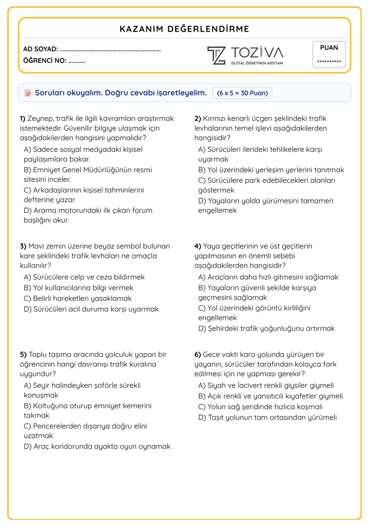 4. Sınıf Trafik Güvenliği Trafikte Güvenli Adımlar Sınavı PDF 1. Sayfa