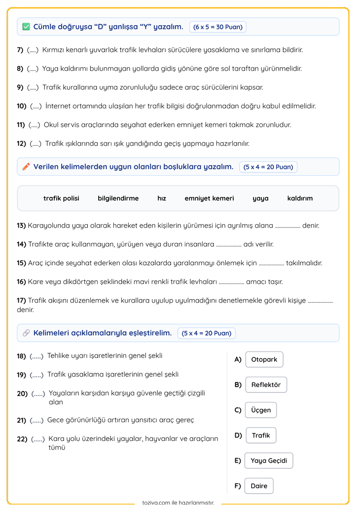 4. Sınıf Trafik Güvenliği Trafikte Güvenli Adımlar Sınavı PDF 2. Sayfa